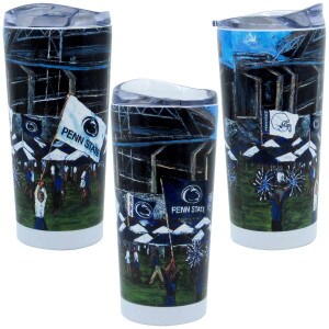 3 views of tumbler with Penn State tailgate art